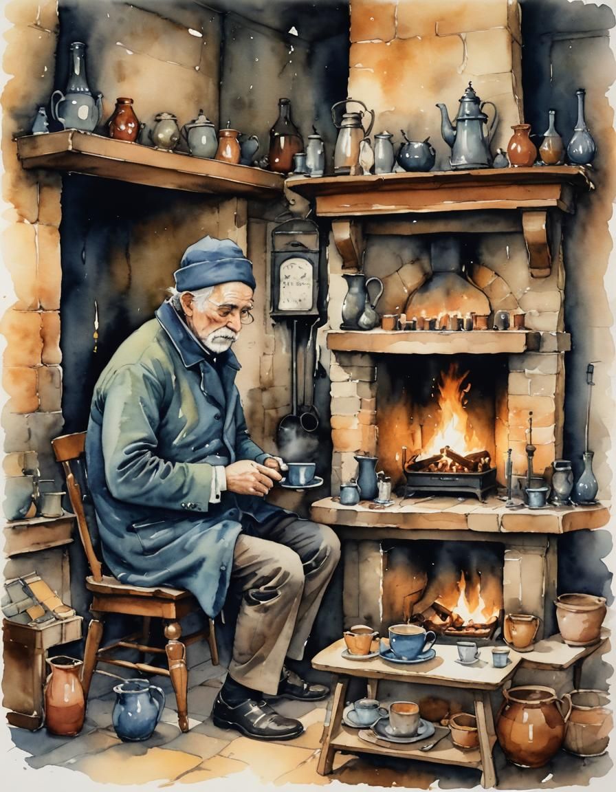 Cozy Fireplace Scene in European Ink Watercolor