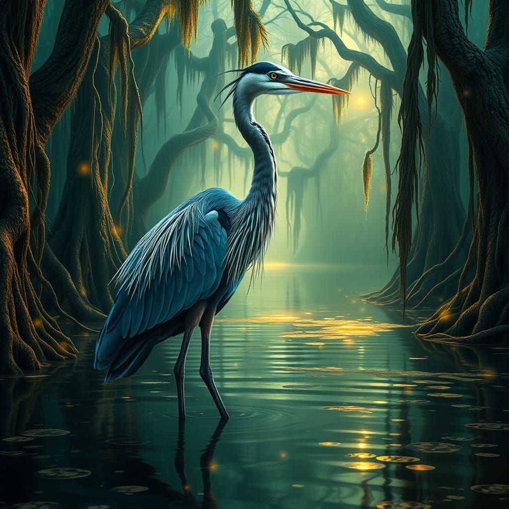 Serenely Standing Great Blue Heron in Bayou Paradise