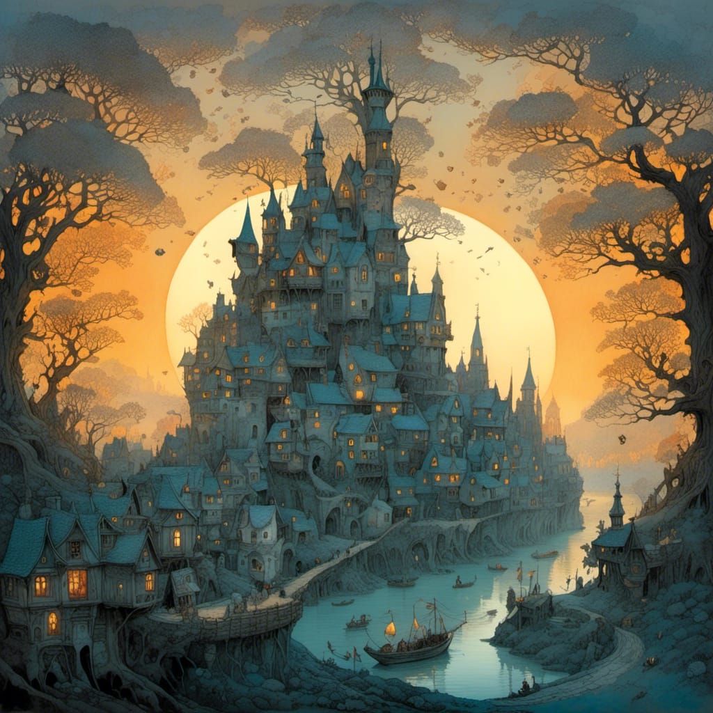 Whimsical Medieval Town at Sunset