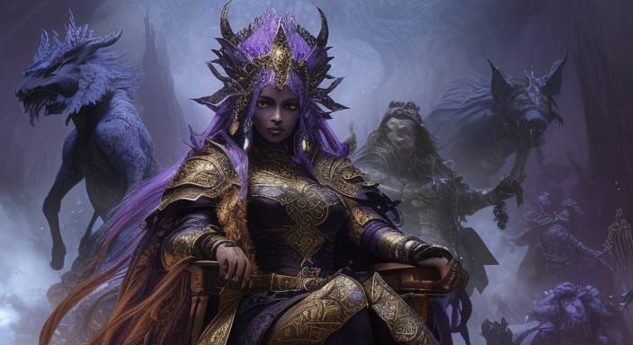 Regal Fantasy Queen with Powerful Trolls in Ethereal Landsca...