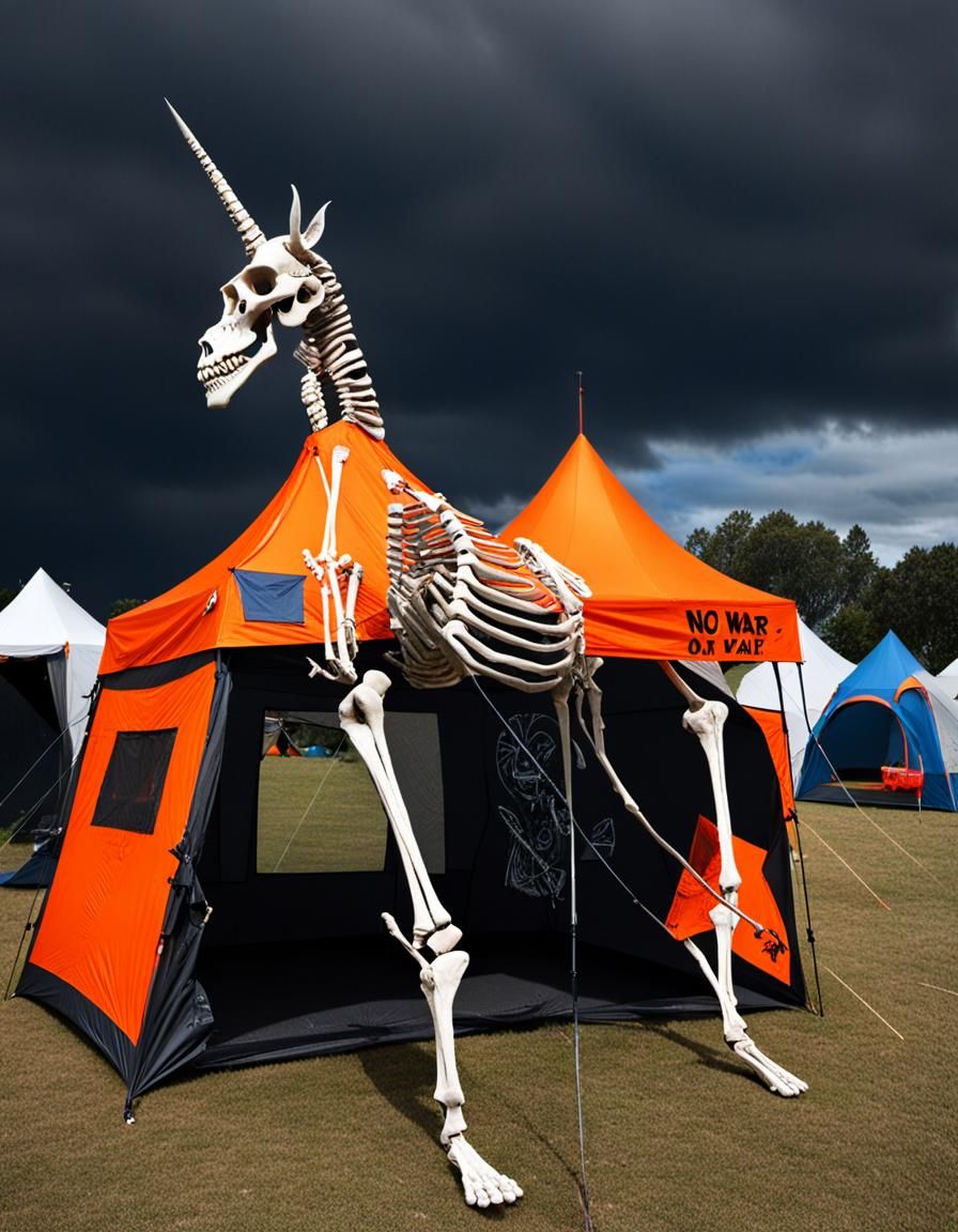 Surreal Anti-War Protest with Skeleton Unicorn
