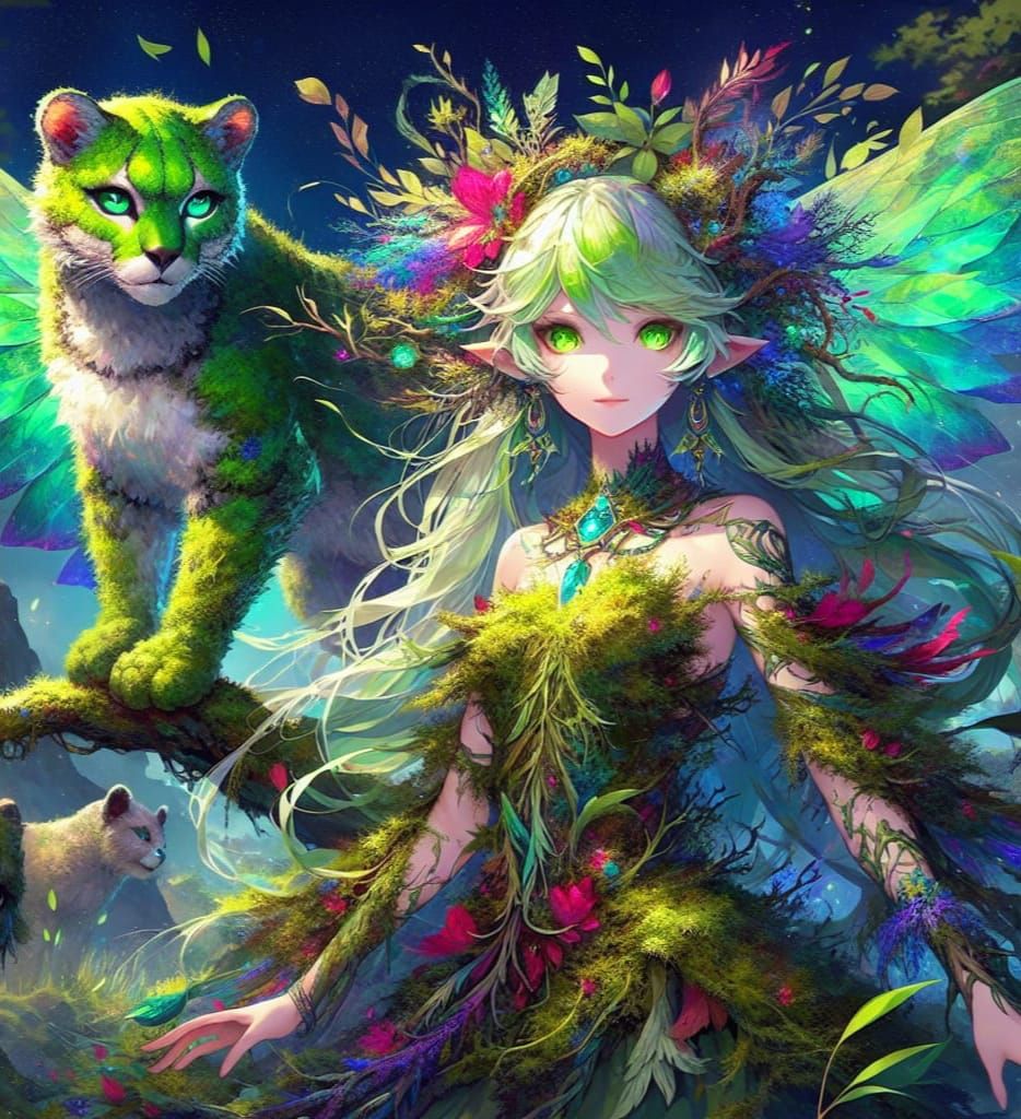 Anime Dryad with Mossy Cougar: Fantasy Concept Art