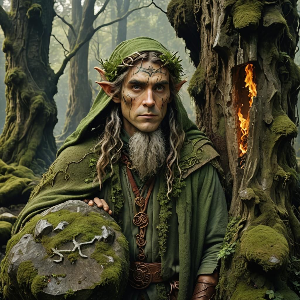 Elf Druid and Wood Elemental Portrait with Fire Runes