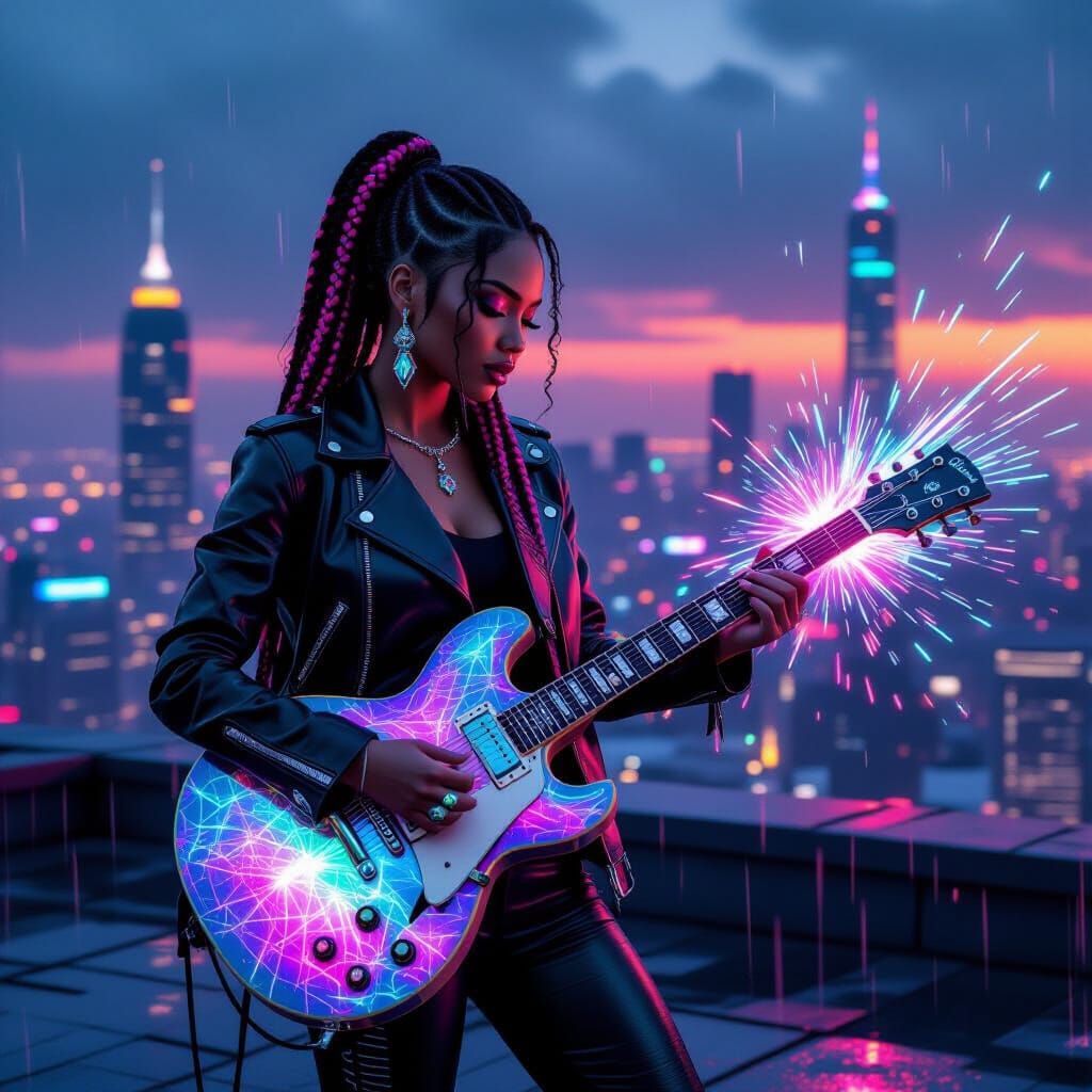 Cyberpunk Guitarist with Gemstone Braids at Dusk