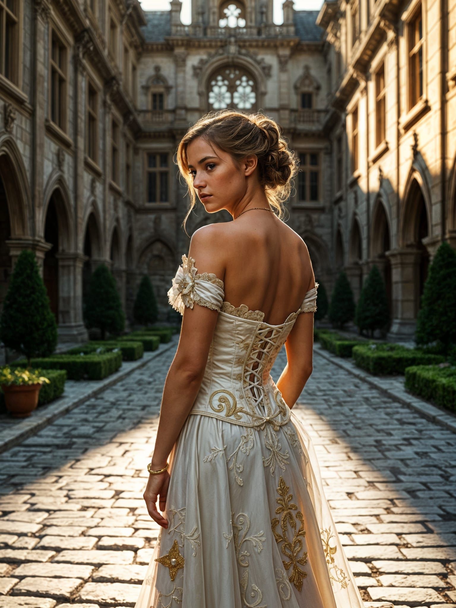 Beautiful Princess in Castle Courtyard, Cinematic Portrait