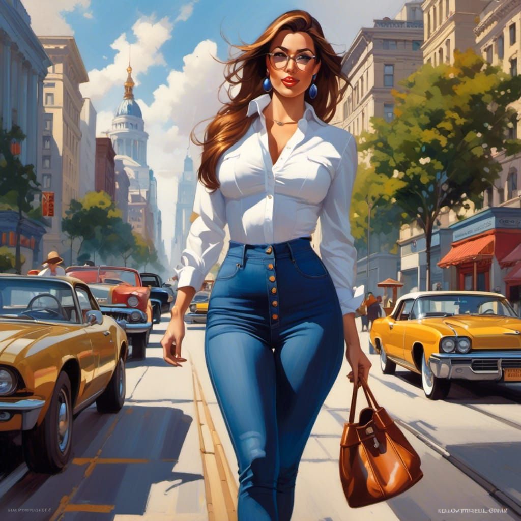 Curvy Businesswoman Walking in City, Color Burst Style