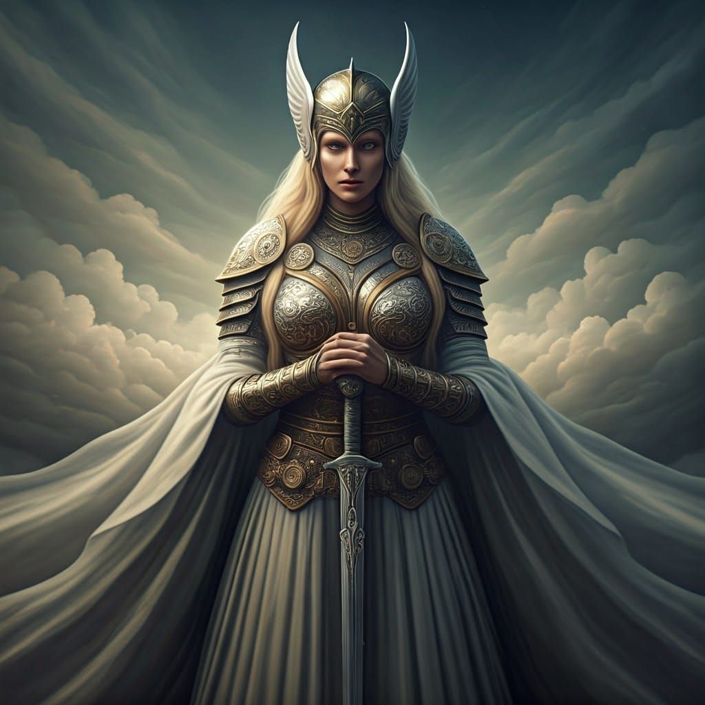 Heroic Valkyrie in Nordic Armor Amidst Aurora