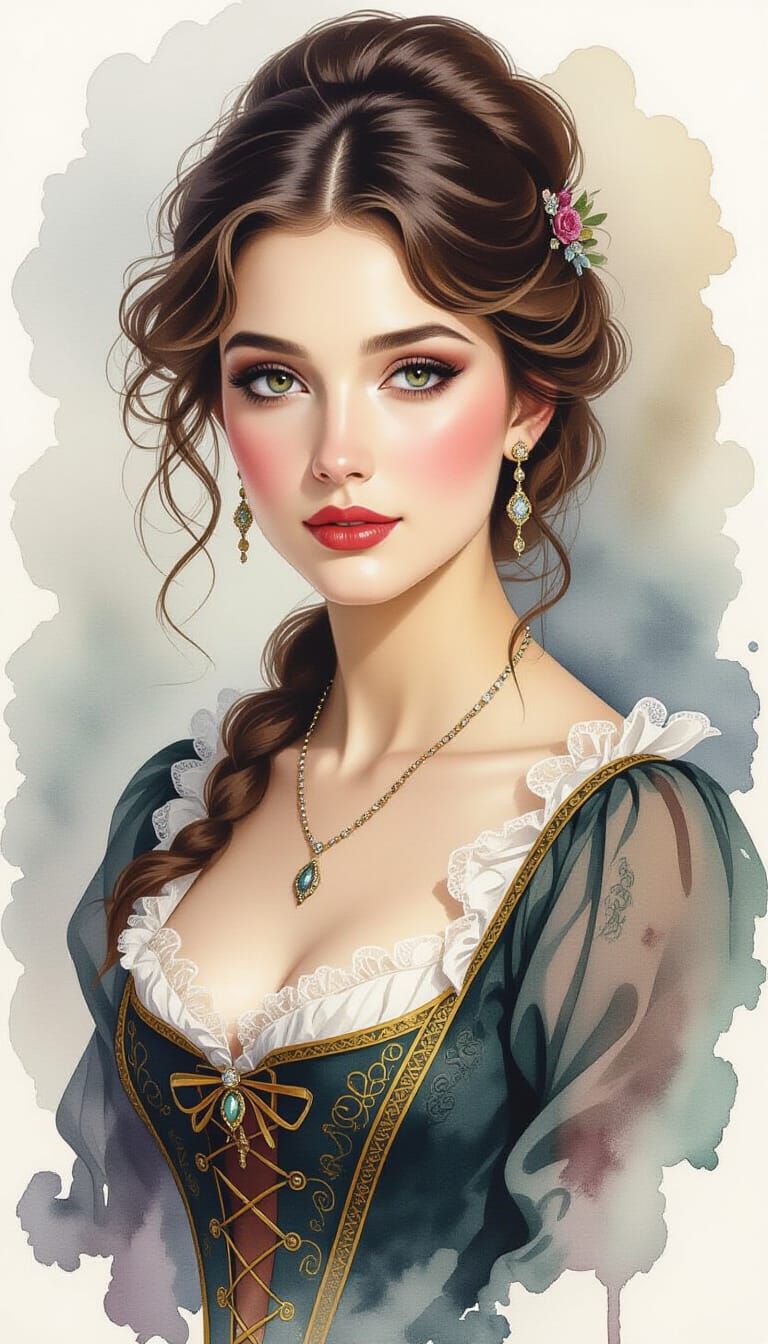 Elegant 1800s Woman in Ink and Watercolor
