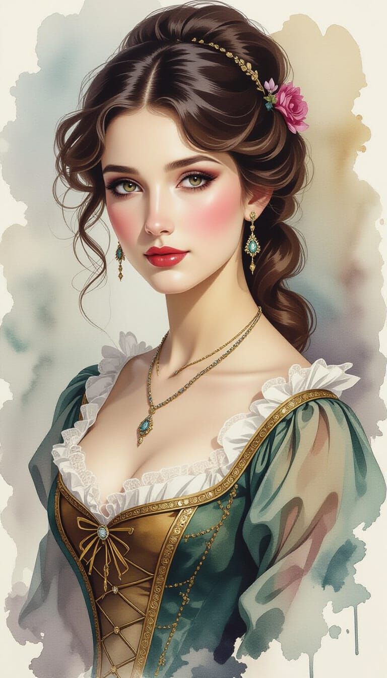 Elegant 1800s Woman Portrait in Ink and Watercolor