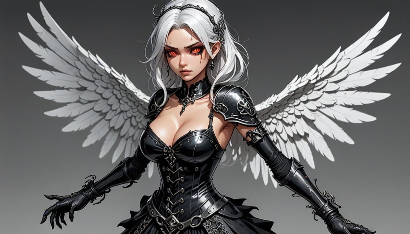 Angelic Gothic Bride with White Wings and Magic Staff