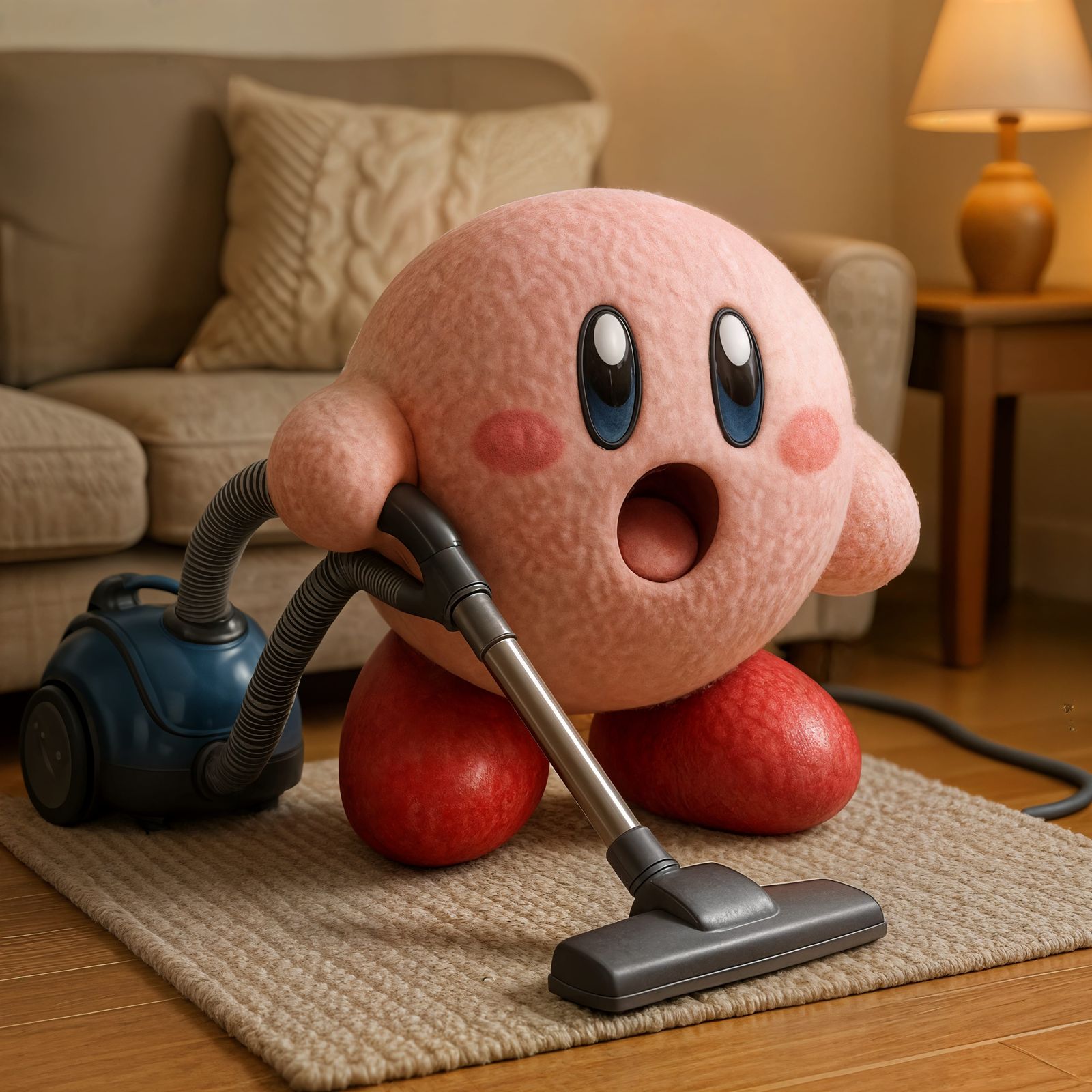 Detailed CGI Kirby Vacuuming at Home