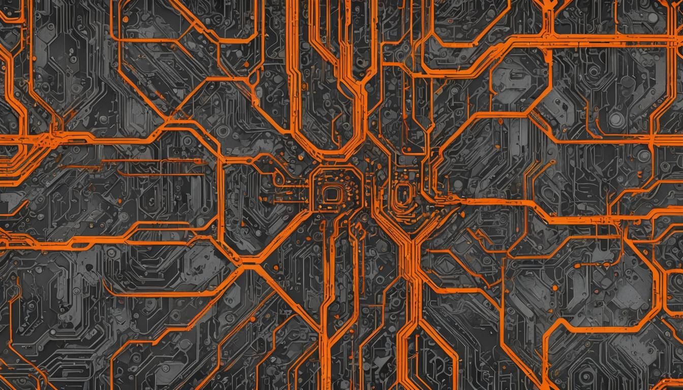 Intricate Orange Circuit Pattern on Steel Gray