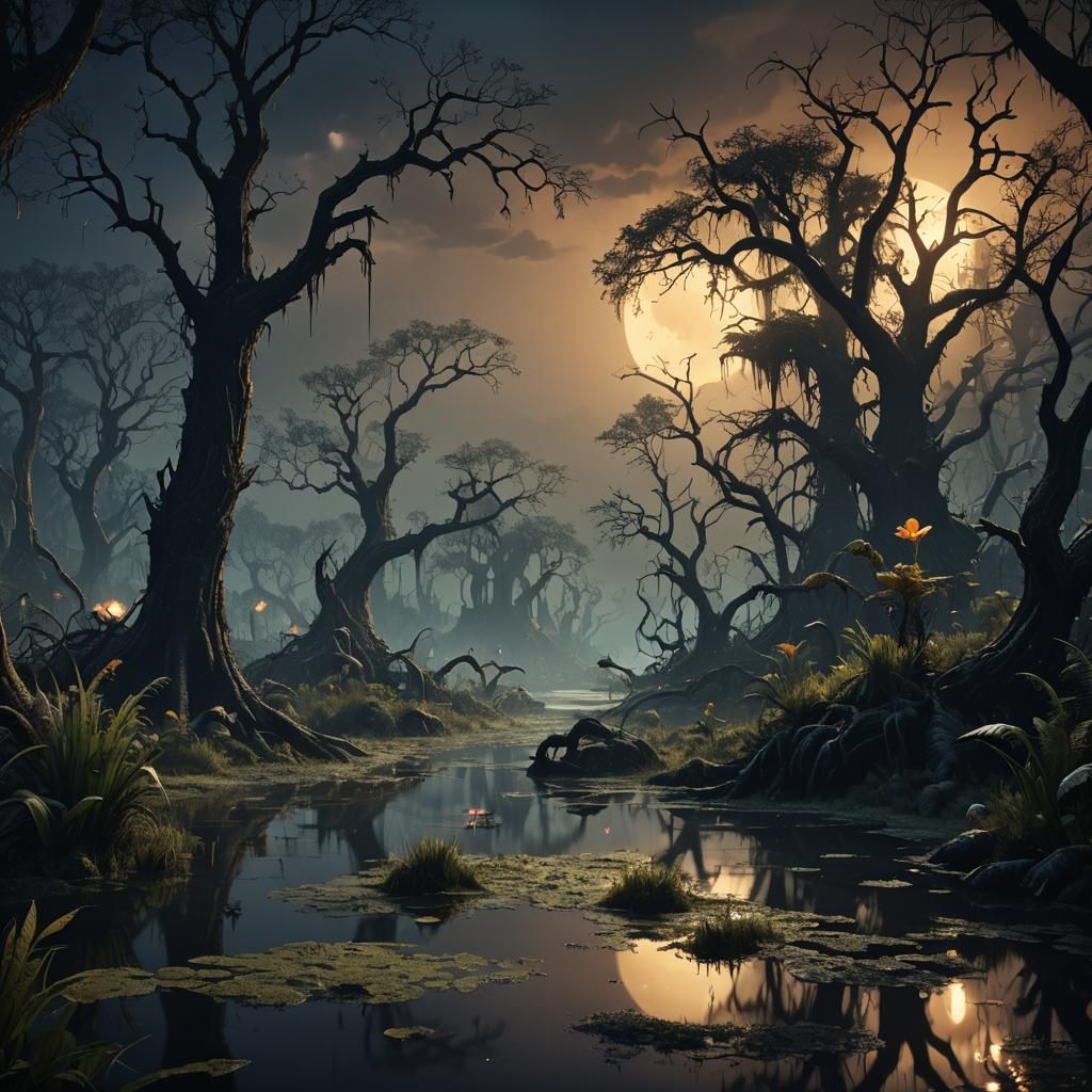 Swamp Serpent in Black Mist: a Matte Painting