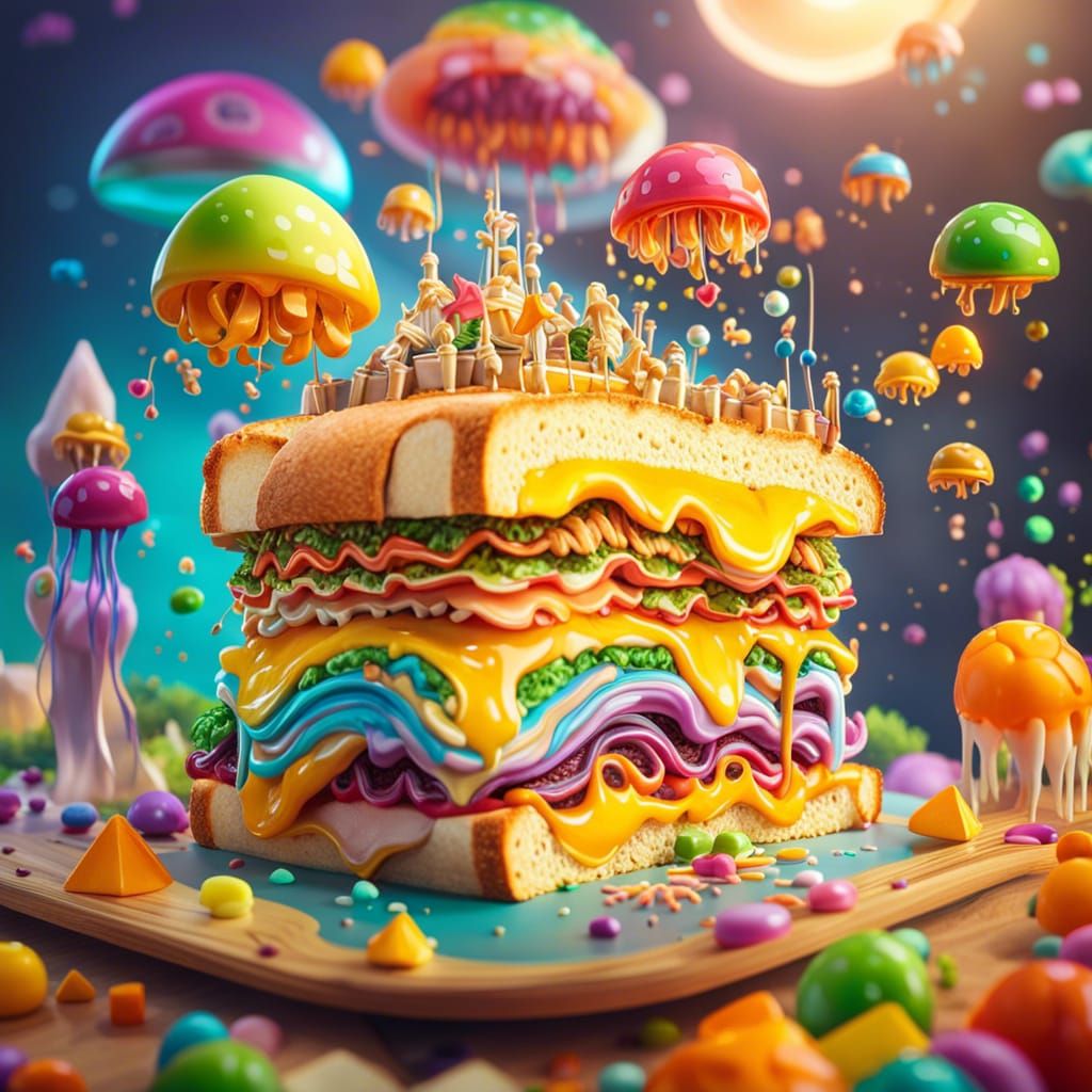 Hyperrealistic Sandwich with Rainbow Cheese and Jellyfish