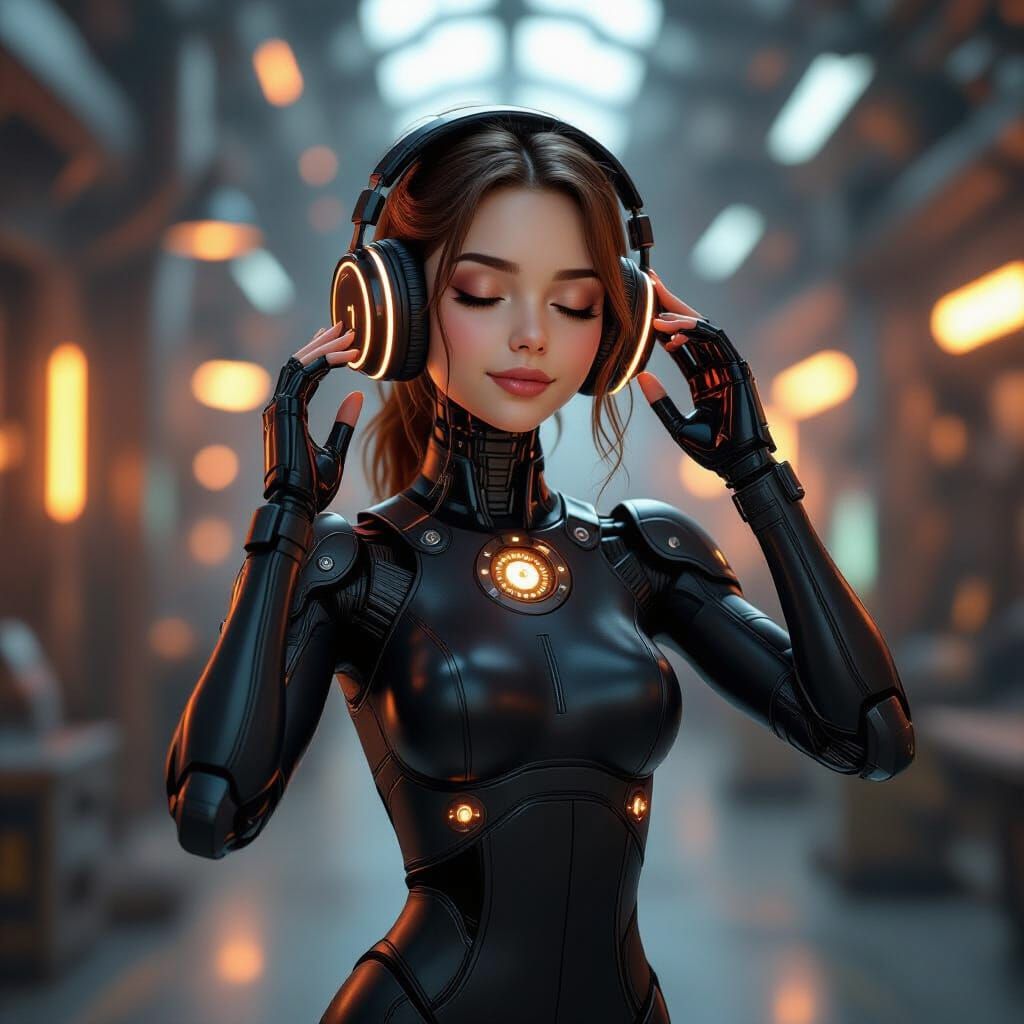 Dancing Clockwork Droid in a Cyberpunk Factory