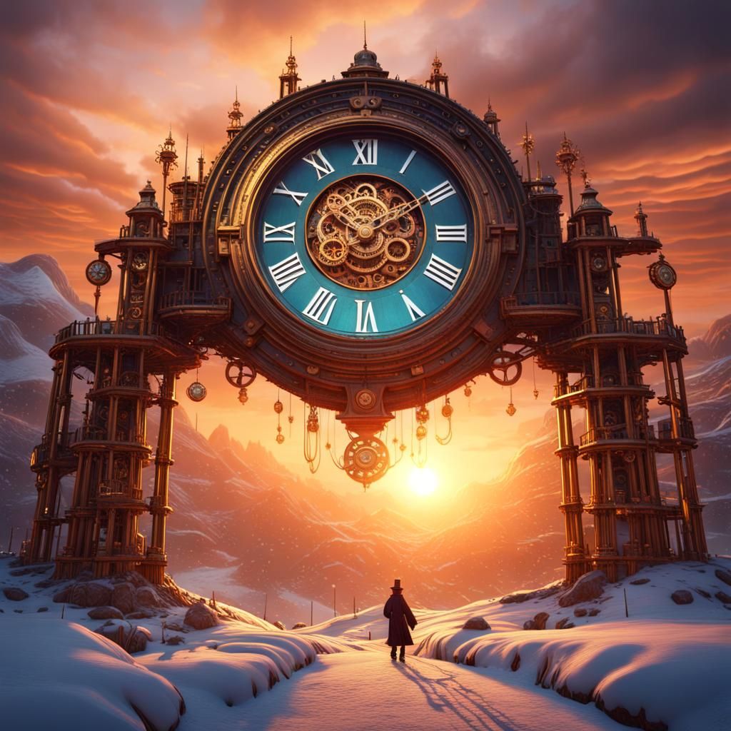 Steampunk Clockwork City in Winter Landscape