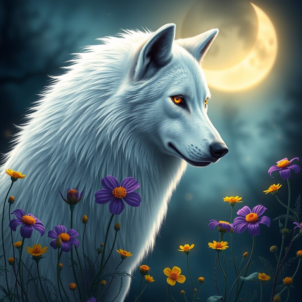 A stunning, ultra-realistic illustration of a majestic white wolf, standing tall and proud under the gentle glow of a cr...