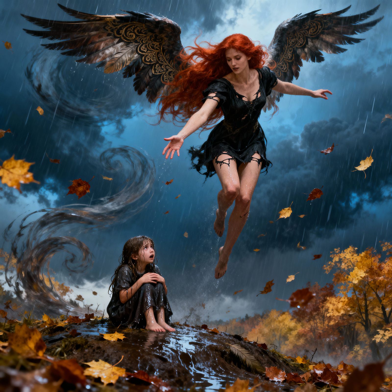 Angel Descends in Autumn Storm to Rescue Frightened Girl