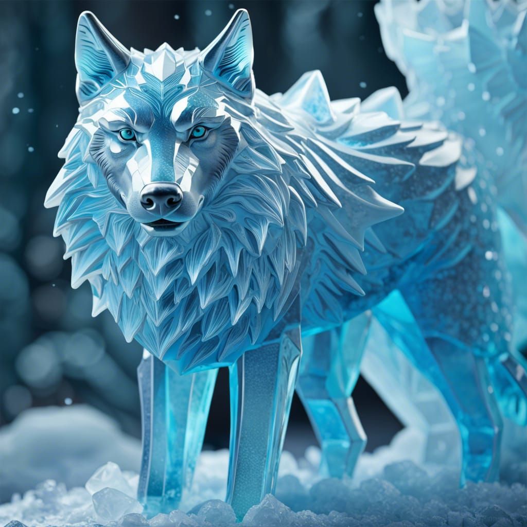 Hyperrealistic Ice Wolf Sculpture in Cool Colors