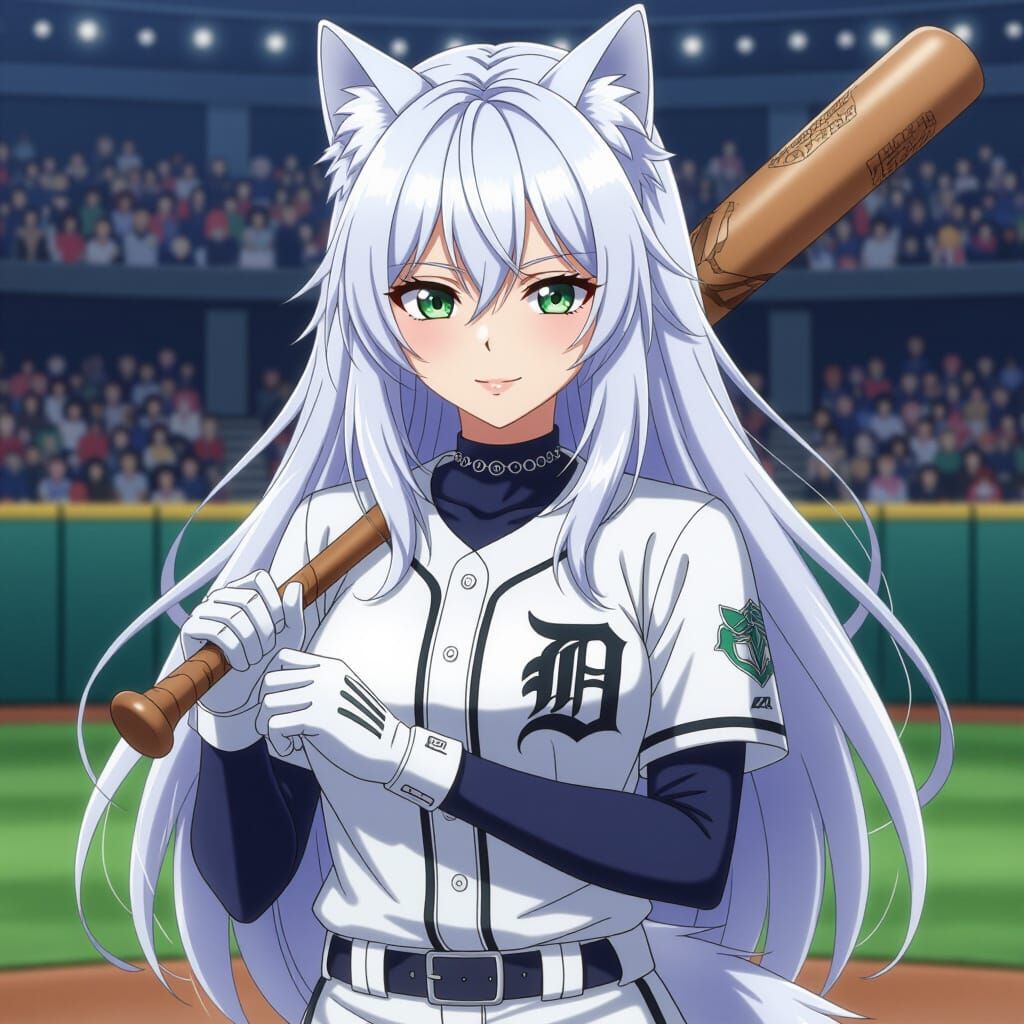 Slender Wolf Woman in Baseball Uniform, Anime Style