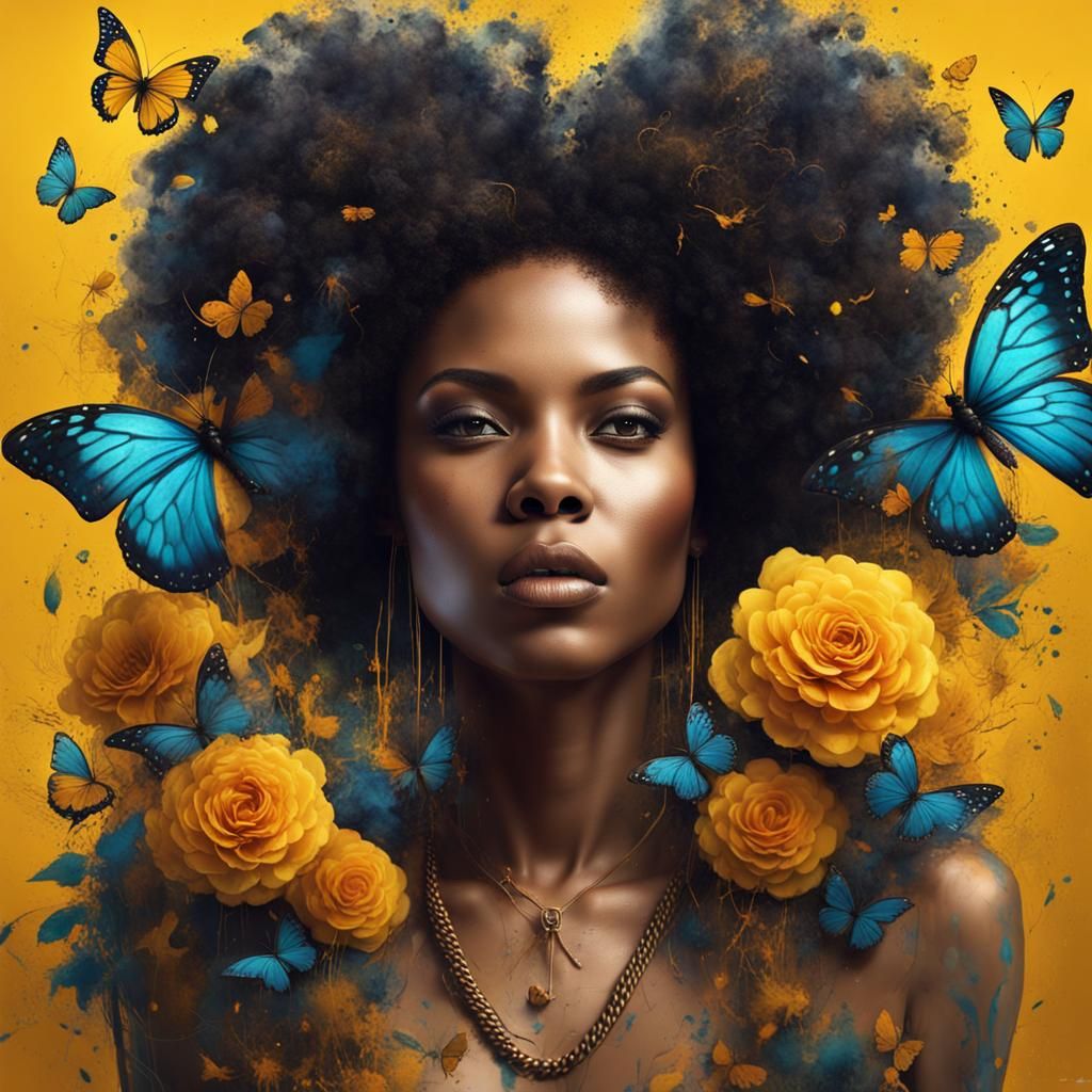 Graffiti Portrait of Woman with Flowers and Butterflies