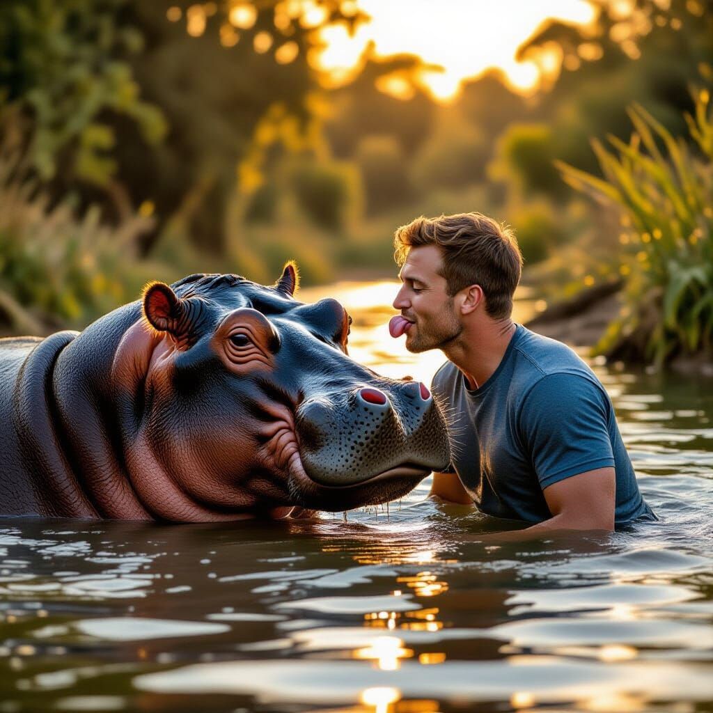 Man Playfully Licking Hippo's Nose in Golden River Light