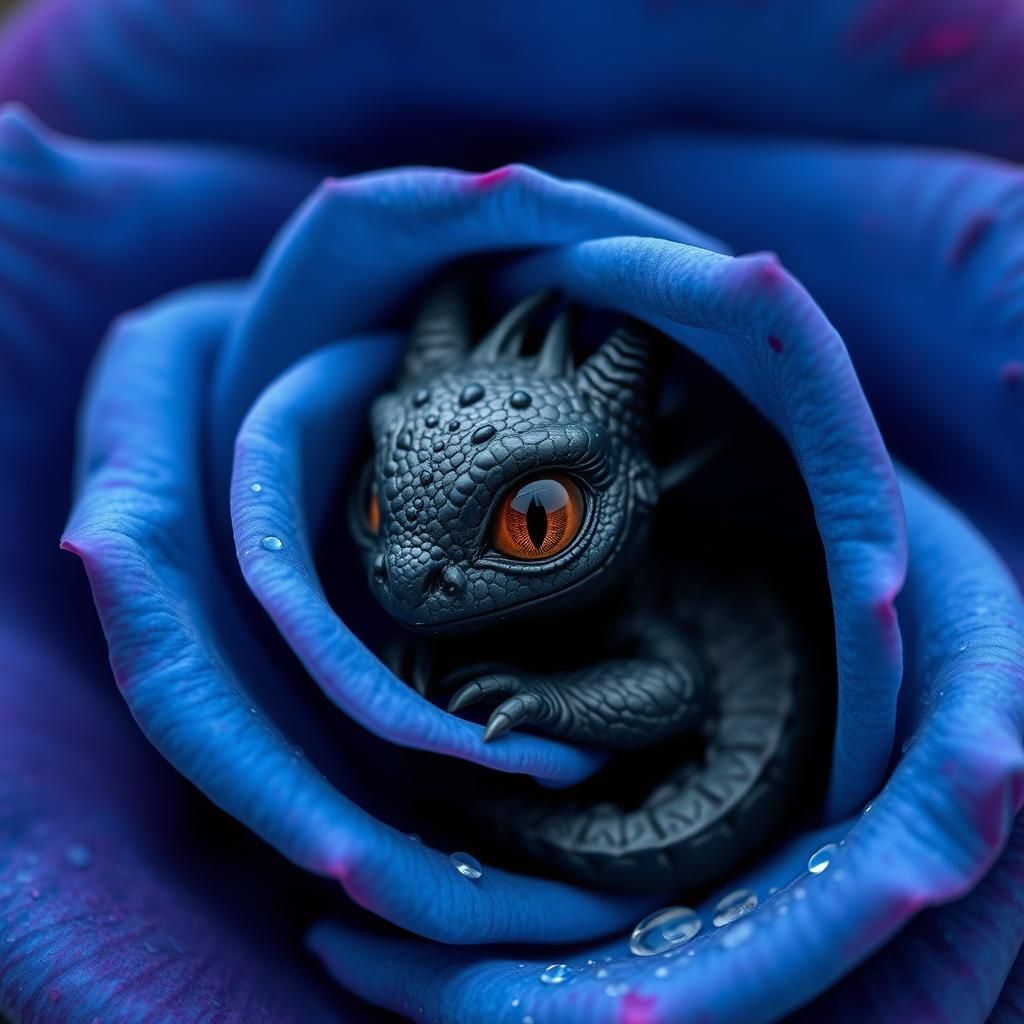 Baby Black Dragon in Blue Rose