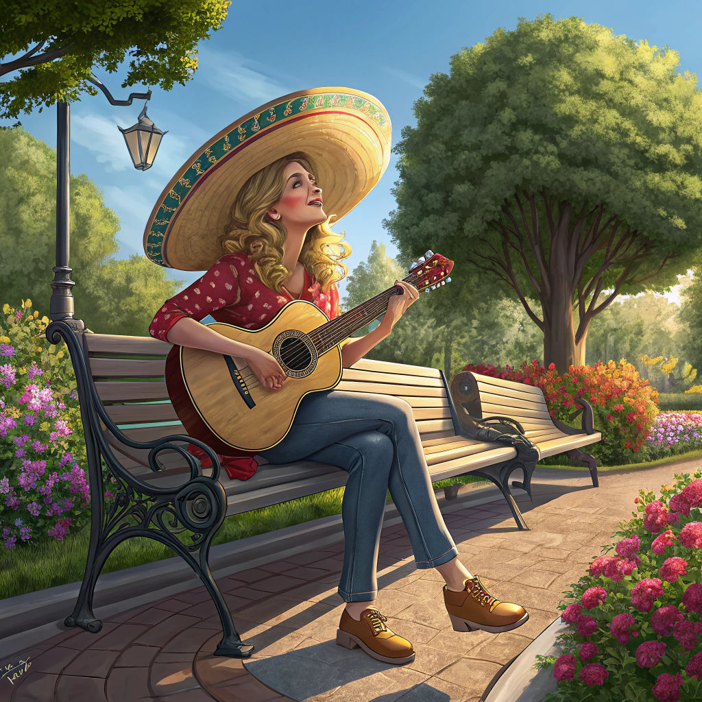 Blonde Woman with Sombrero Plays Guitar