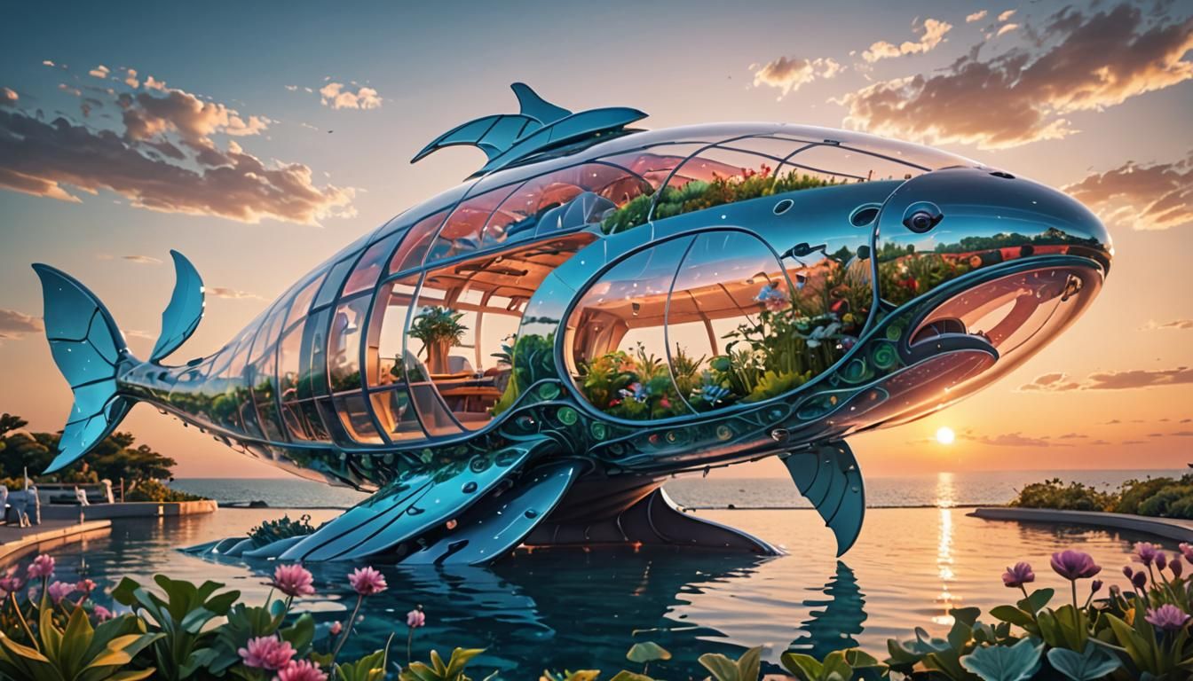 Futuristic boat in the shape of a glass whale