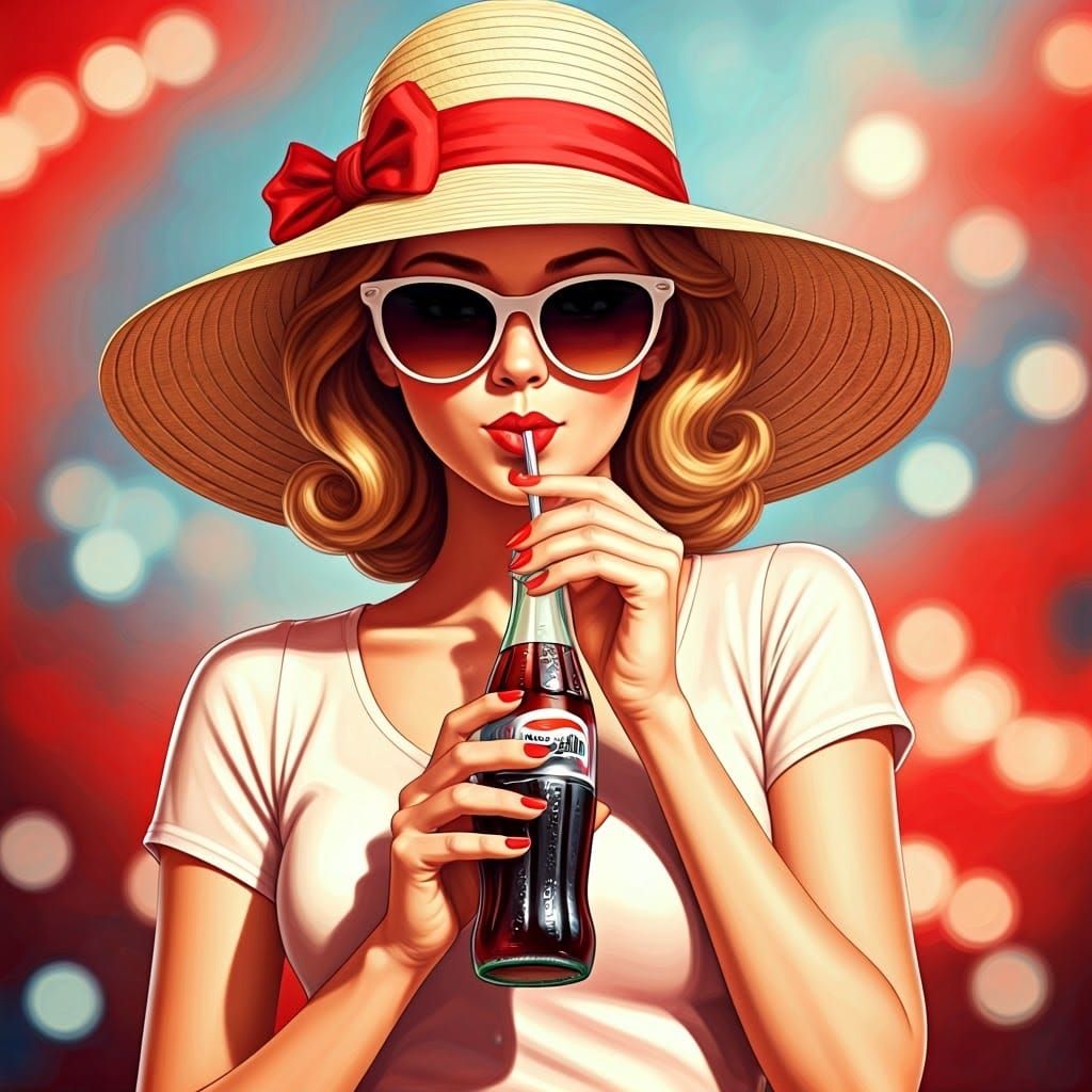 Retro Girl Sips Summer Soda in Vibrant Colors