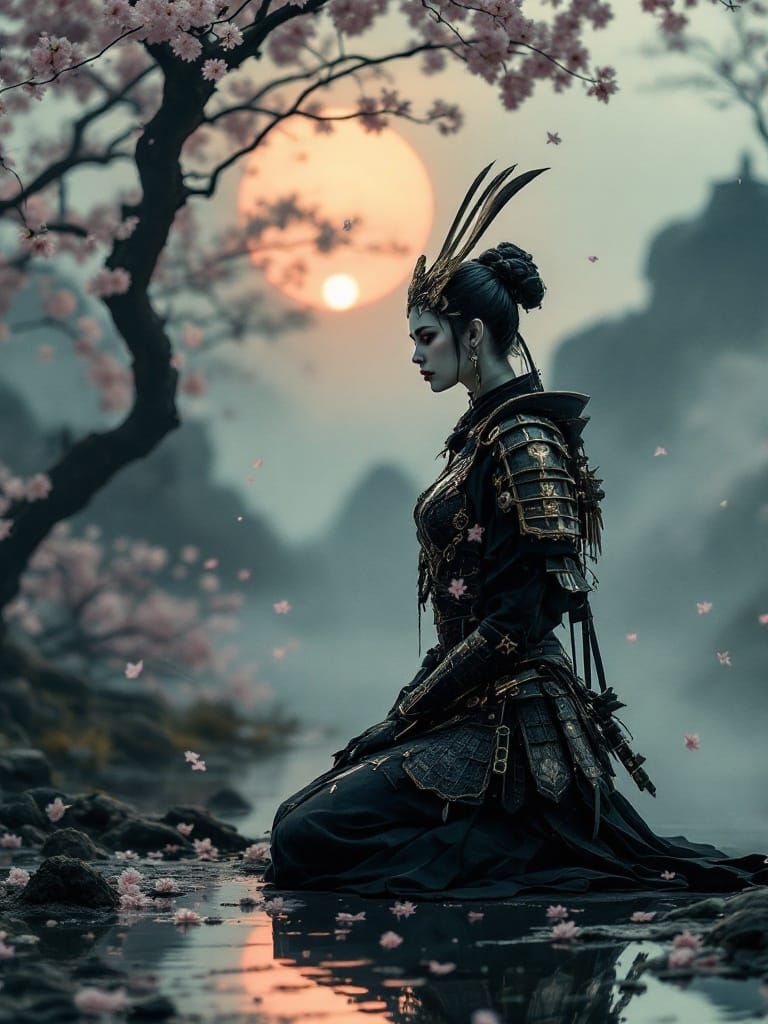 Samurai Woman in Dark Fantasy Woodblock Print