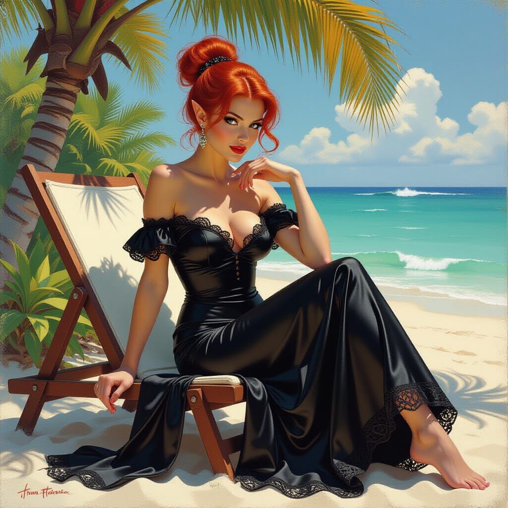 Elf in Black Dress on Tropical Beach, Fantasy Art
