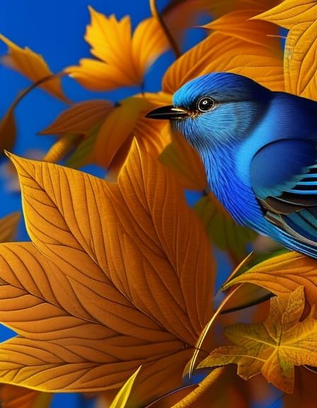 Hyperrealistic Portrait of a Blue Bird in Autumn