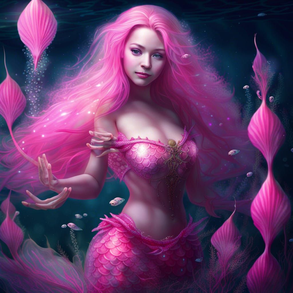 Smiling Pink Mermaid in a Shimmering Night Sea