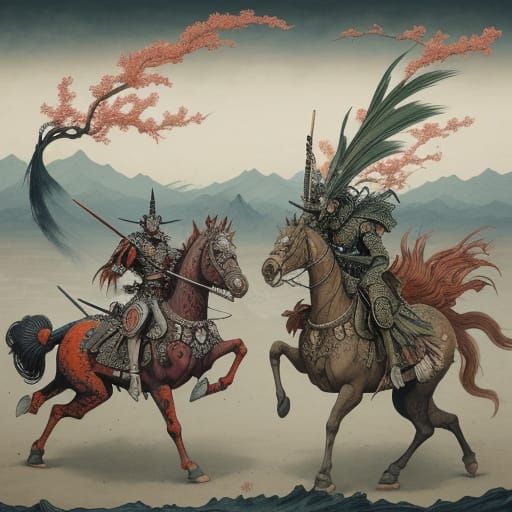 Surreal Battle: Hybrid Creatures vs Samurai in Bosch-Inspire...