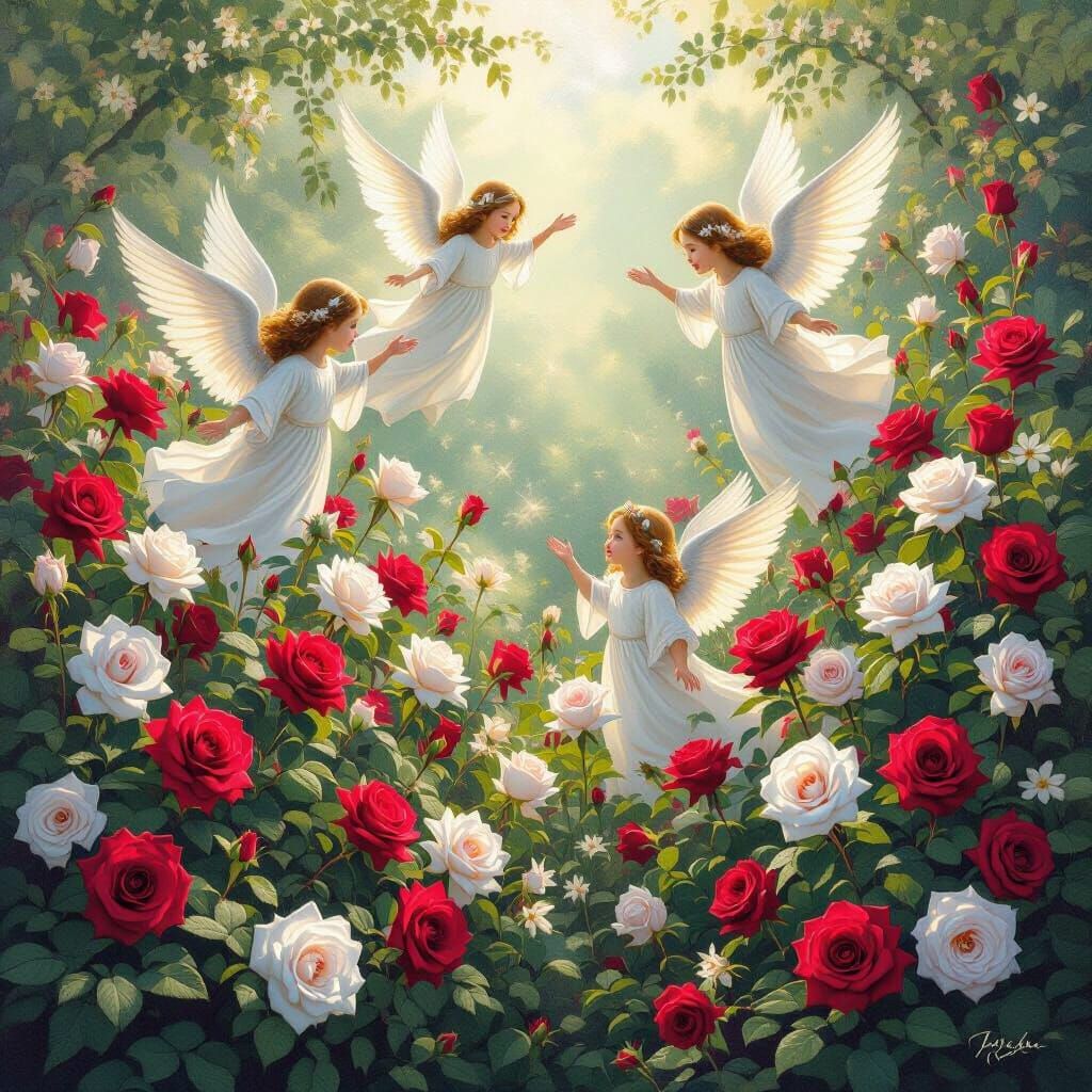 Angels Over a Rose Garden in Divine Wonder
