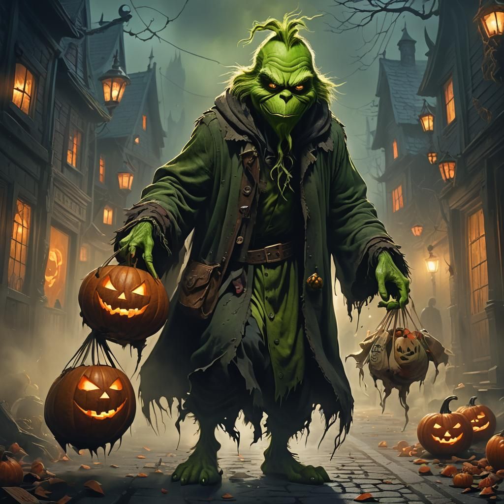 Grinch Steals Halloween Candy in Dark Fantasy Art
