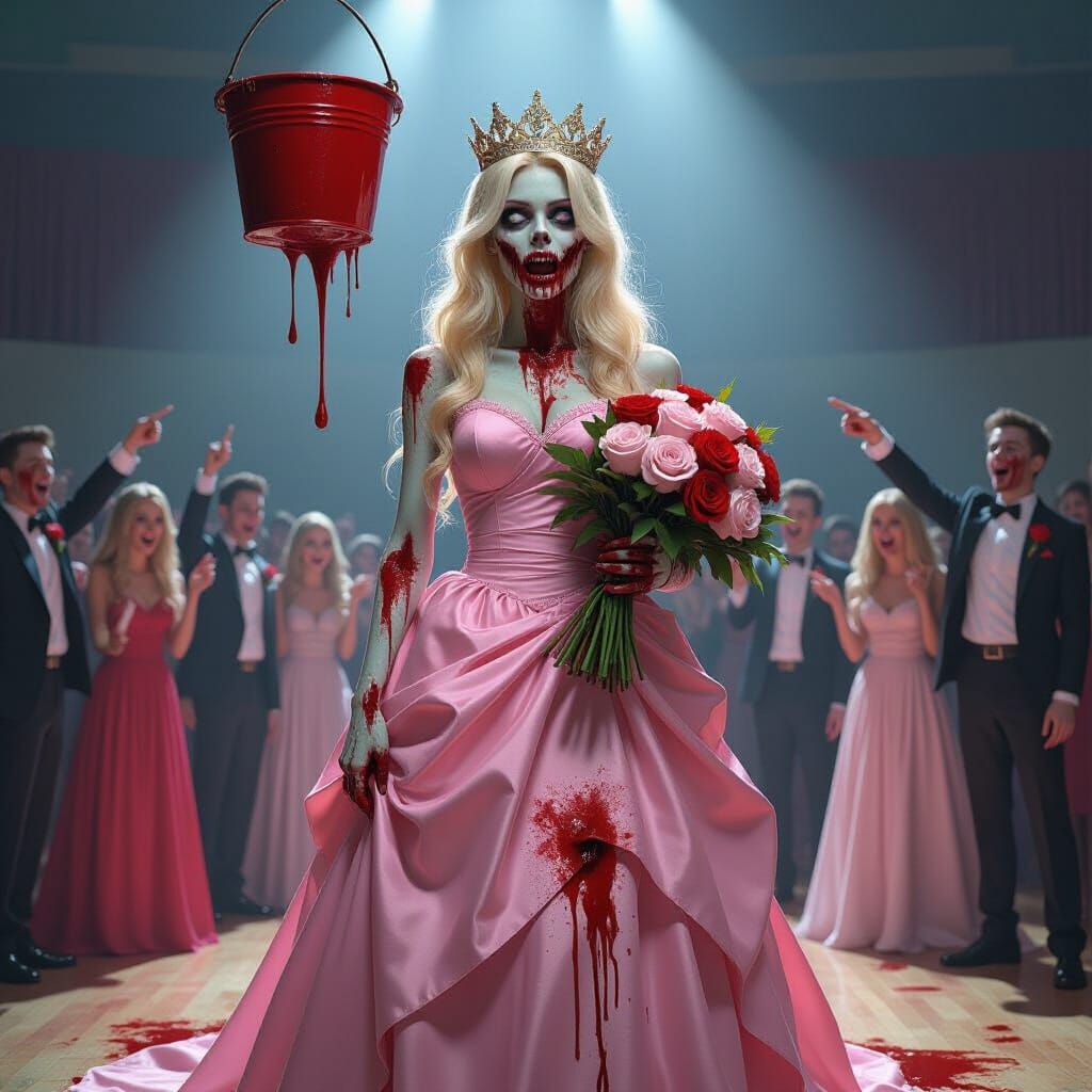 Zombie Prom Queen Horror Scene in Dramatic Style