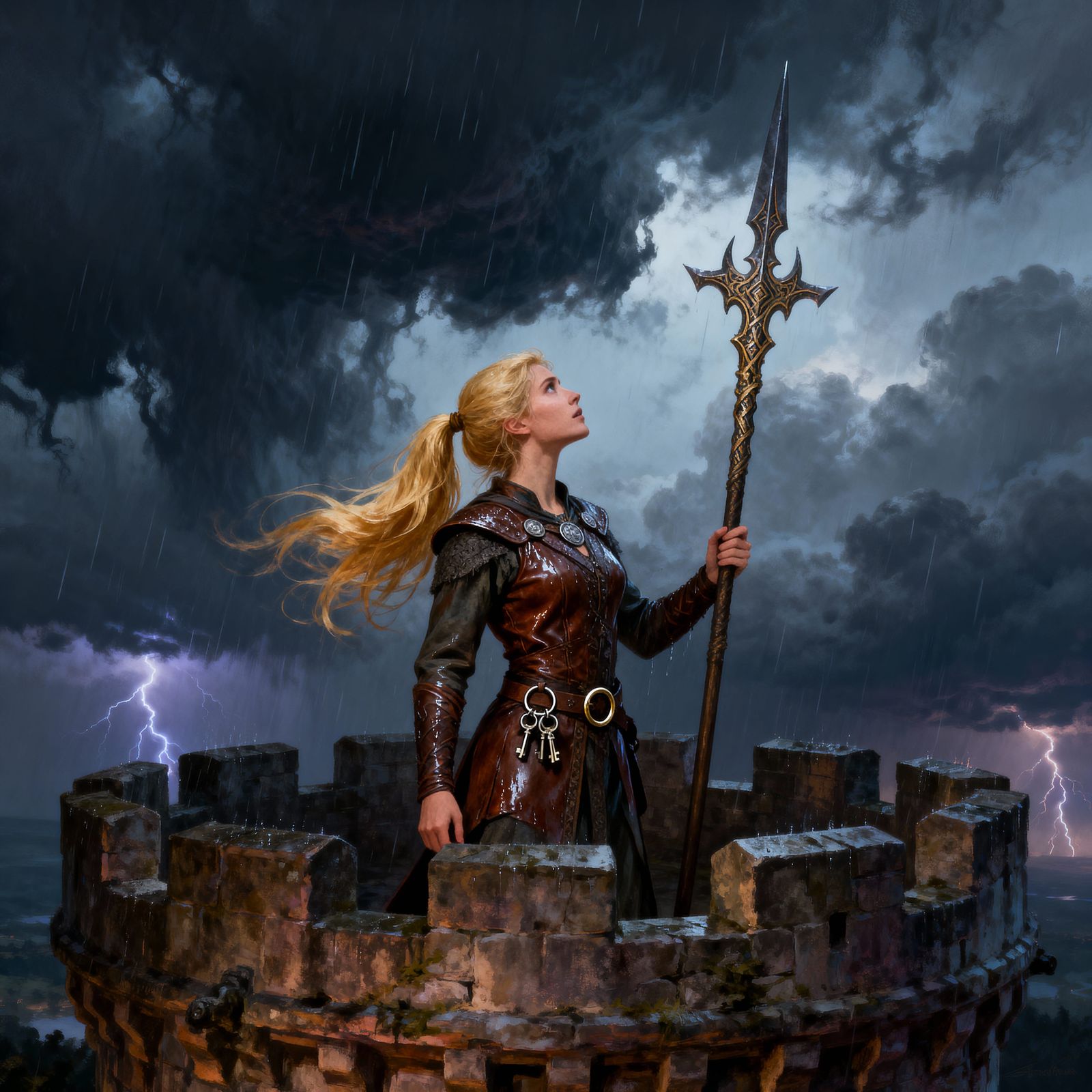 Norse Goddess Defiantly Watches Stormy Skies