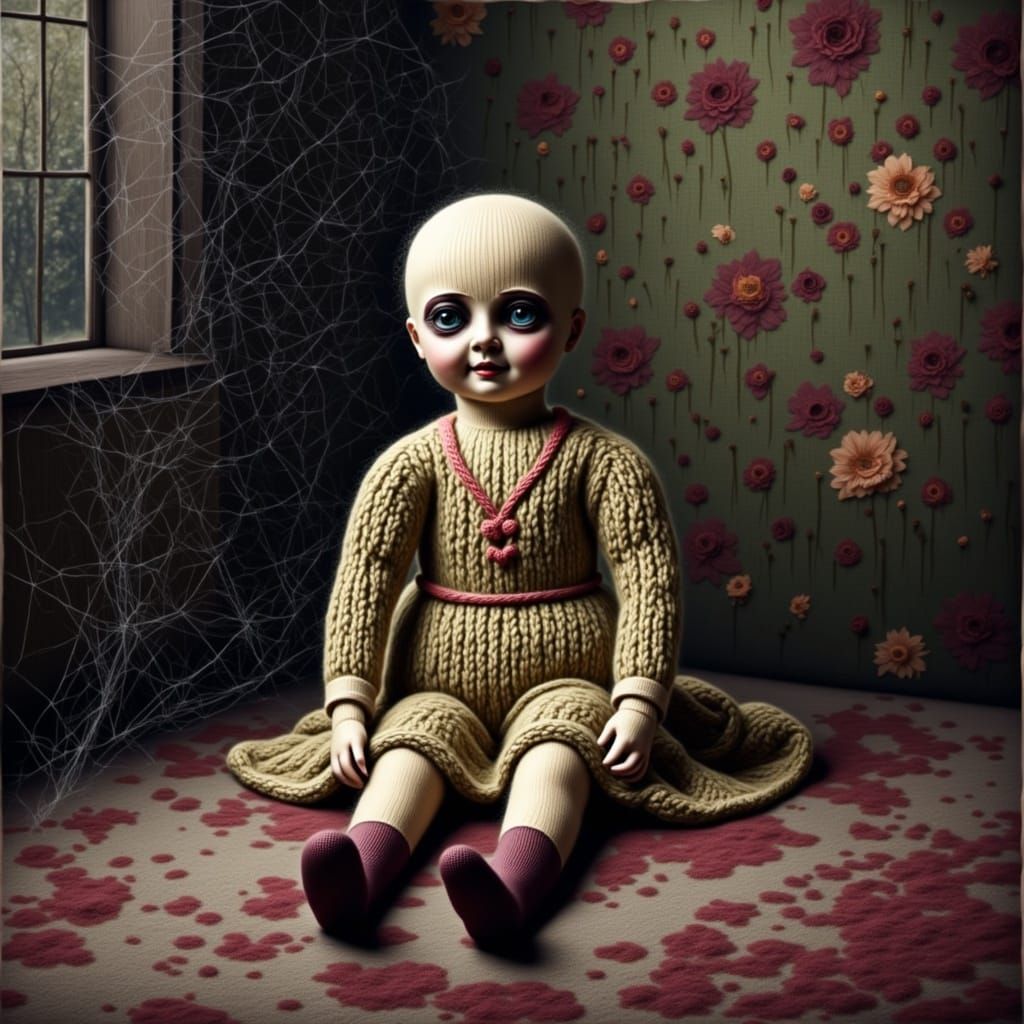 Haunted Knitted Doll in Dusty Attic Tapestry