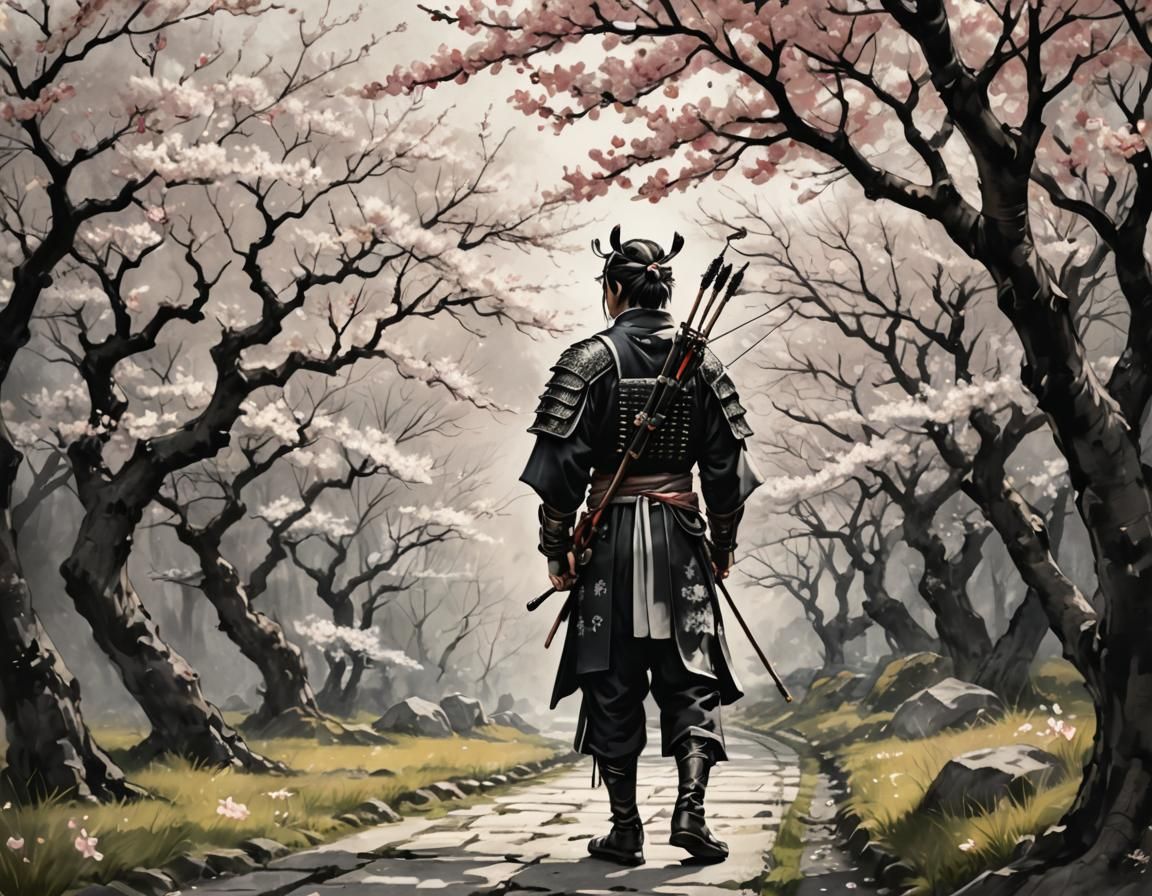 Japanese Archer in Ink Wash Style with Cherry Blossoms