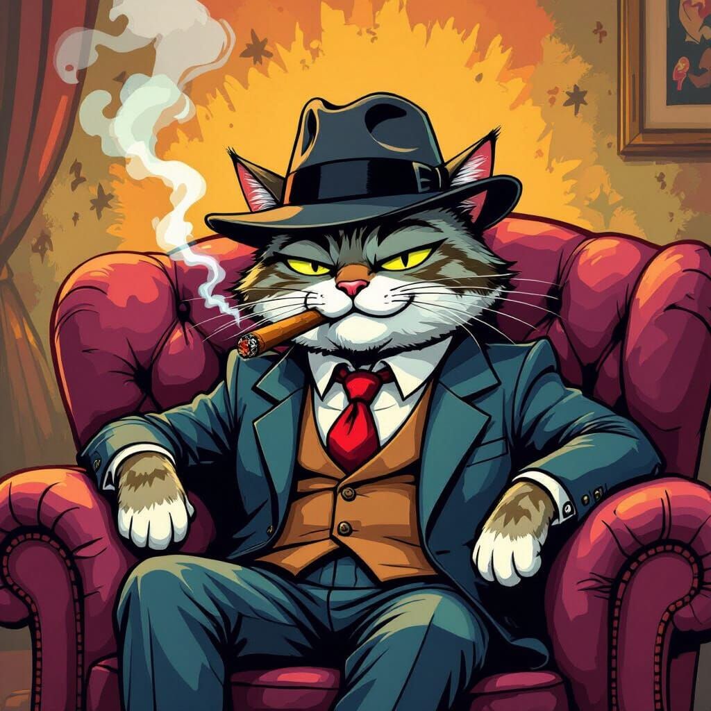 Cartoon Cat Smoking Cigar in Animated Style