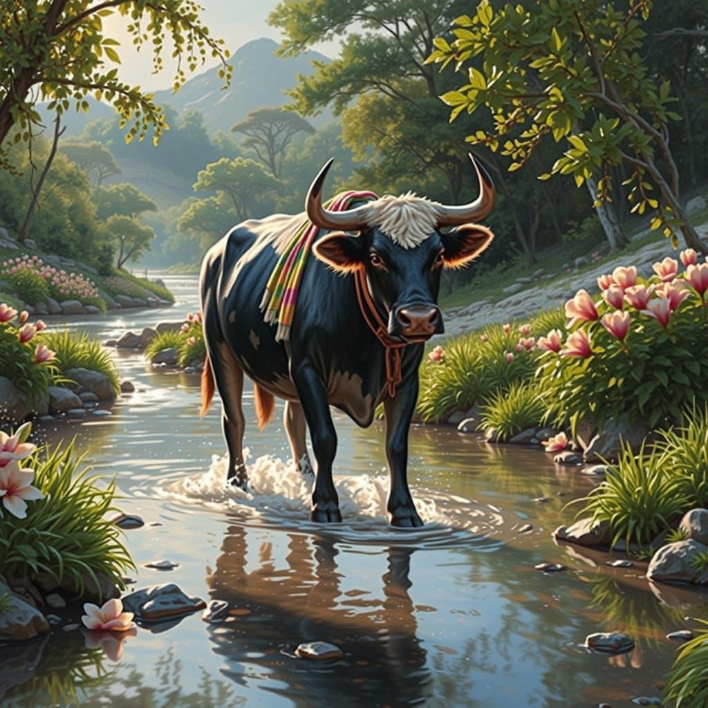 Ox Wading Through River in Impressionistic Style