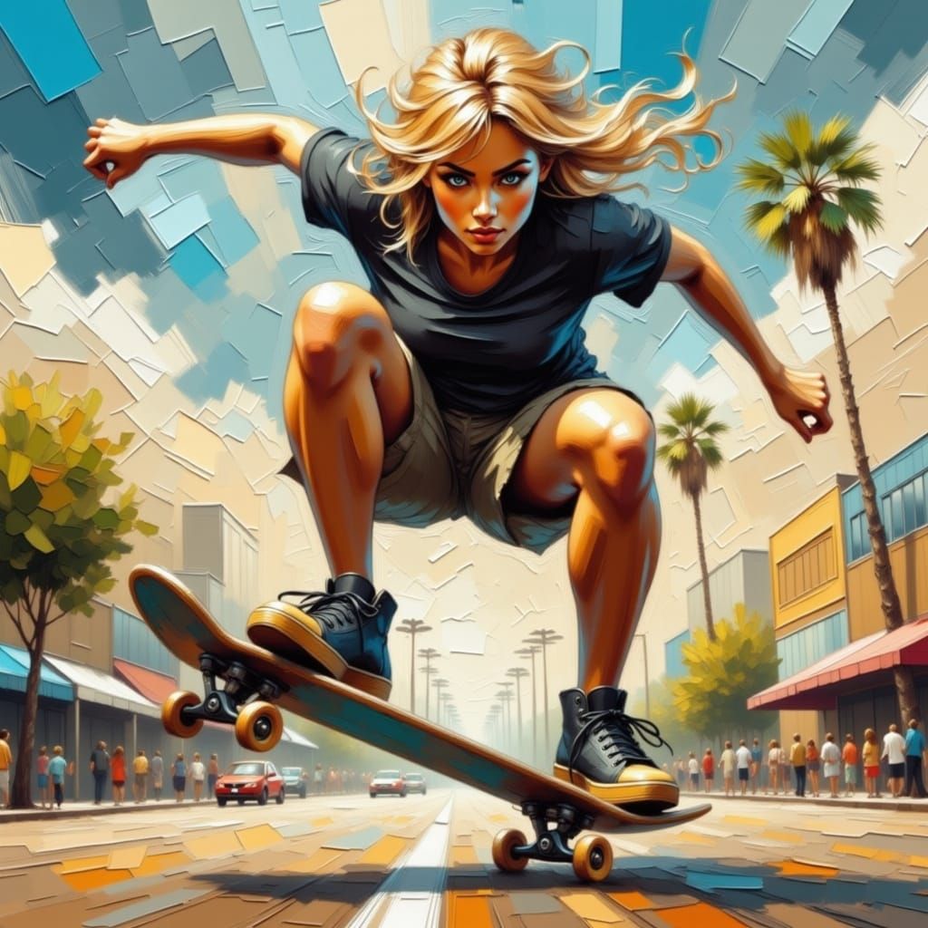 Blonde Girl Kickflip in Impasto Painting Style