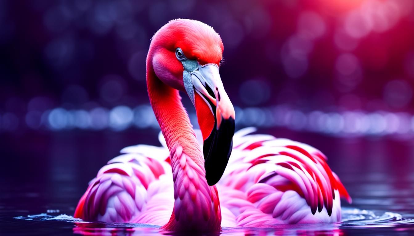 Expressive Pink Flamingo in Purple Water: Hyperrealistic Ren...
