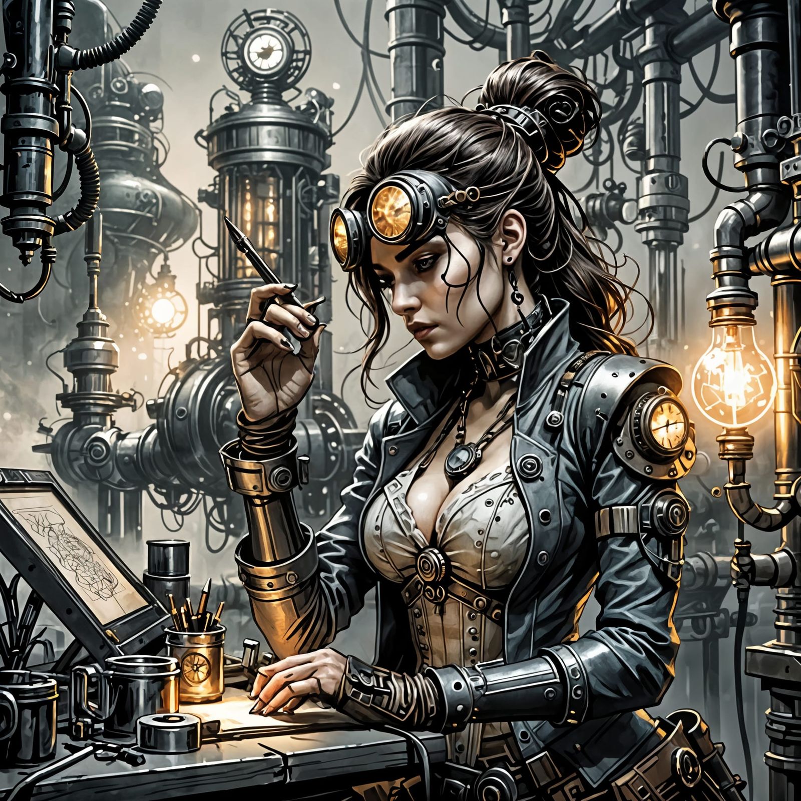 Bio-Tech Engineer Working Late: Steampunk Sci-Fi Sketch