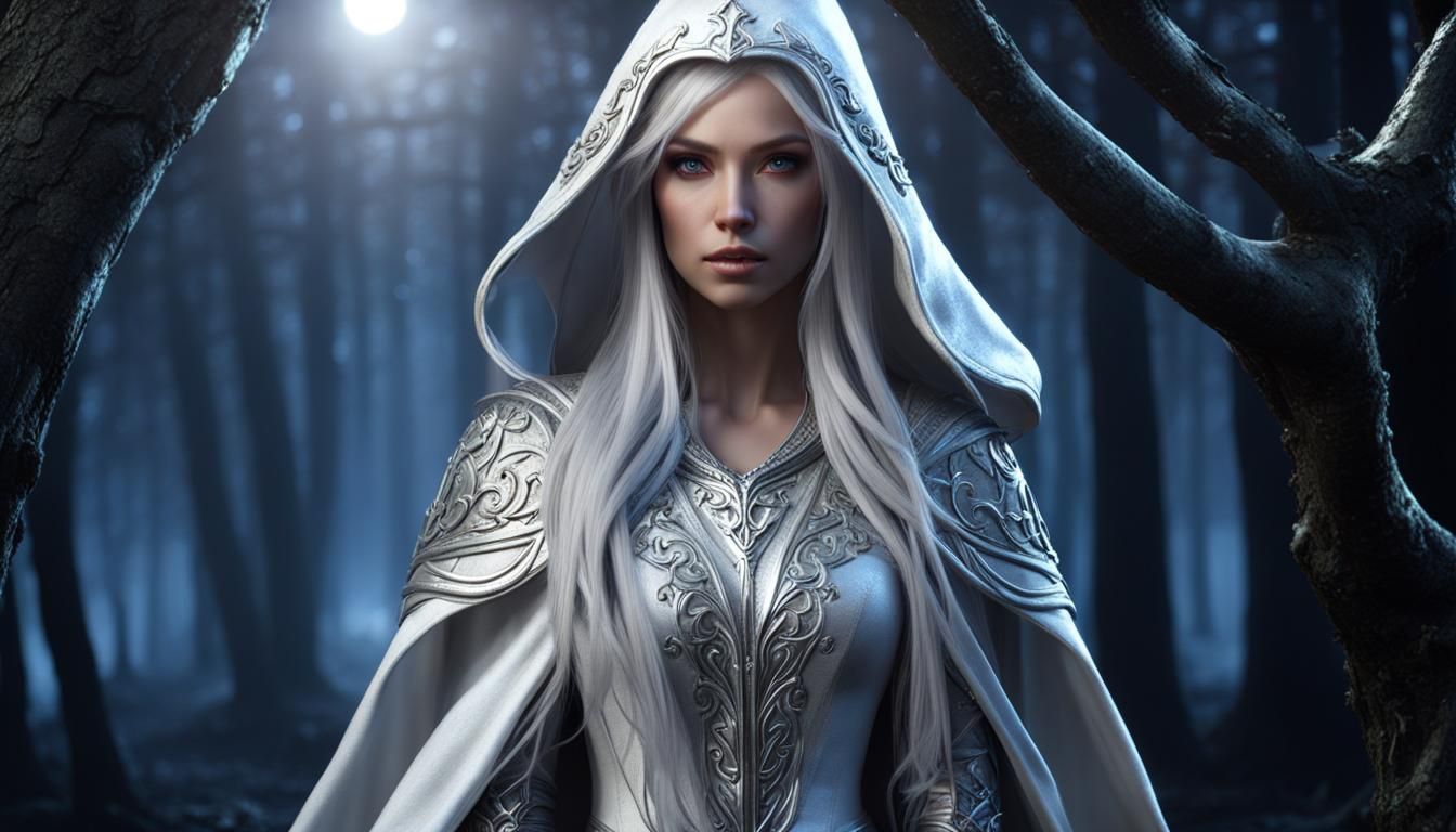 Elven Lady in Moonlit Forest, Hyperdetailed Fantasy Art