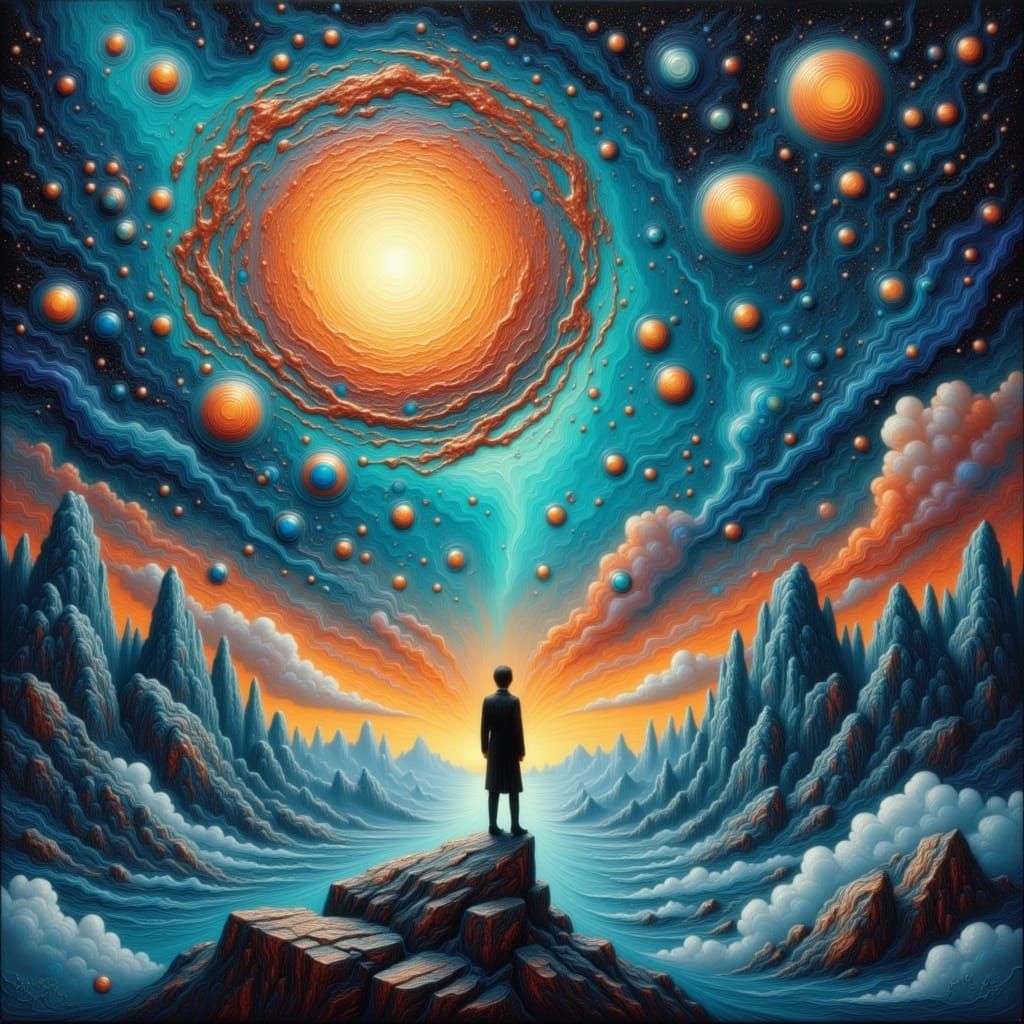 Surreal Figure Gazing at Cosmic Landscape