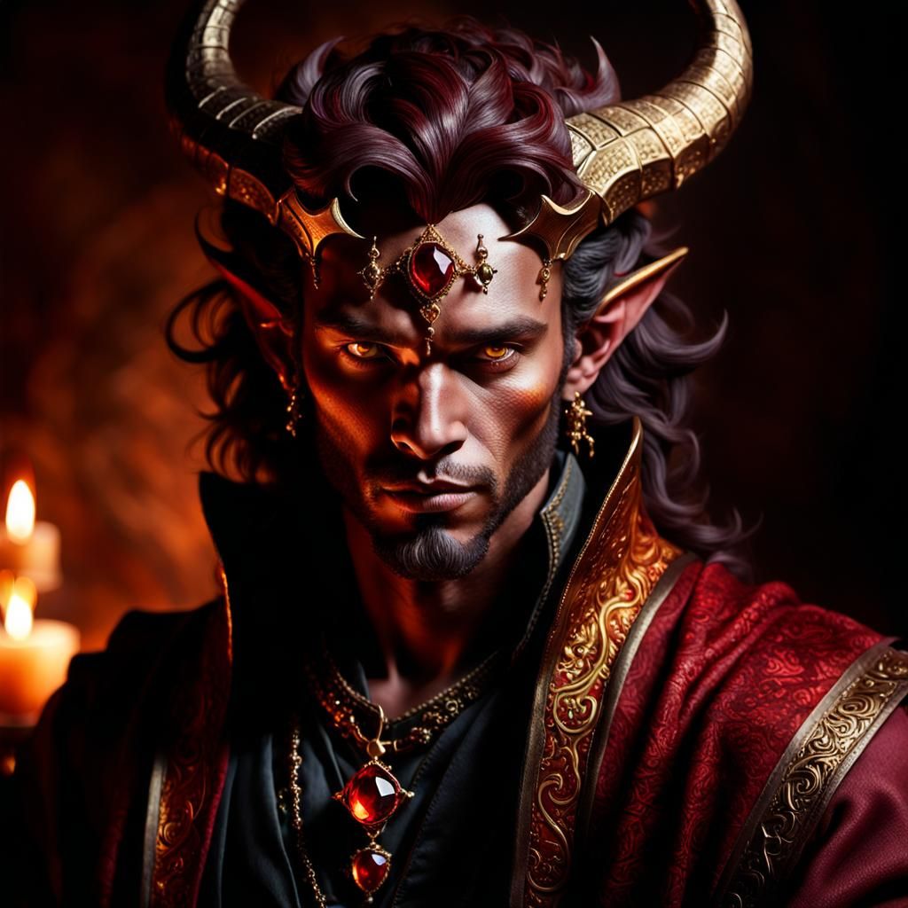 Tiefling Portrait with Gemstone in Rembrandt Style