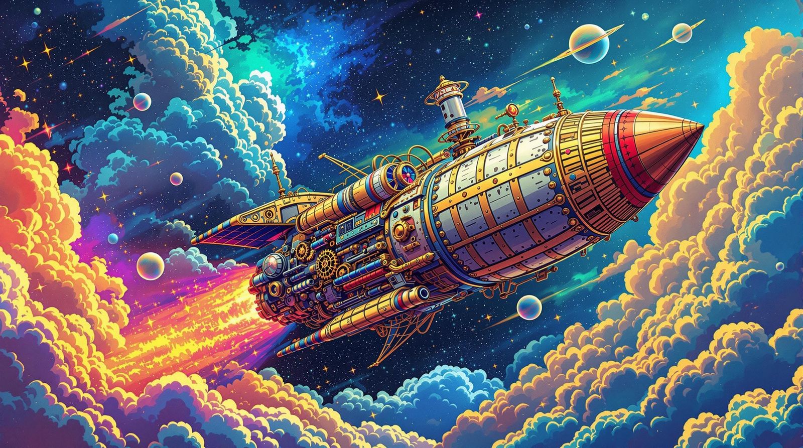 Steampunk Rocket in Orbit with Cosmic Clouds